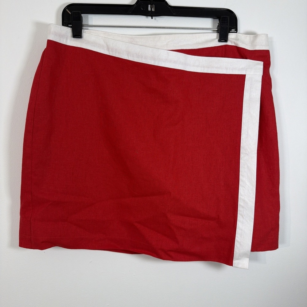 Bagatelle Skirt ‎ XL Linen Rayon Red White  Asymmetric Faux Wrap Mini Lined NWT